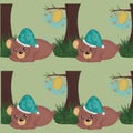 A bear sleeps under a tree with a honeycomb. Five bees. Background pattern Royalty Free Stock Photo